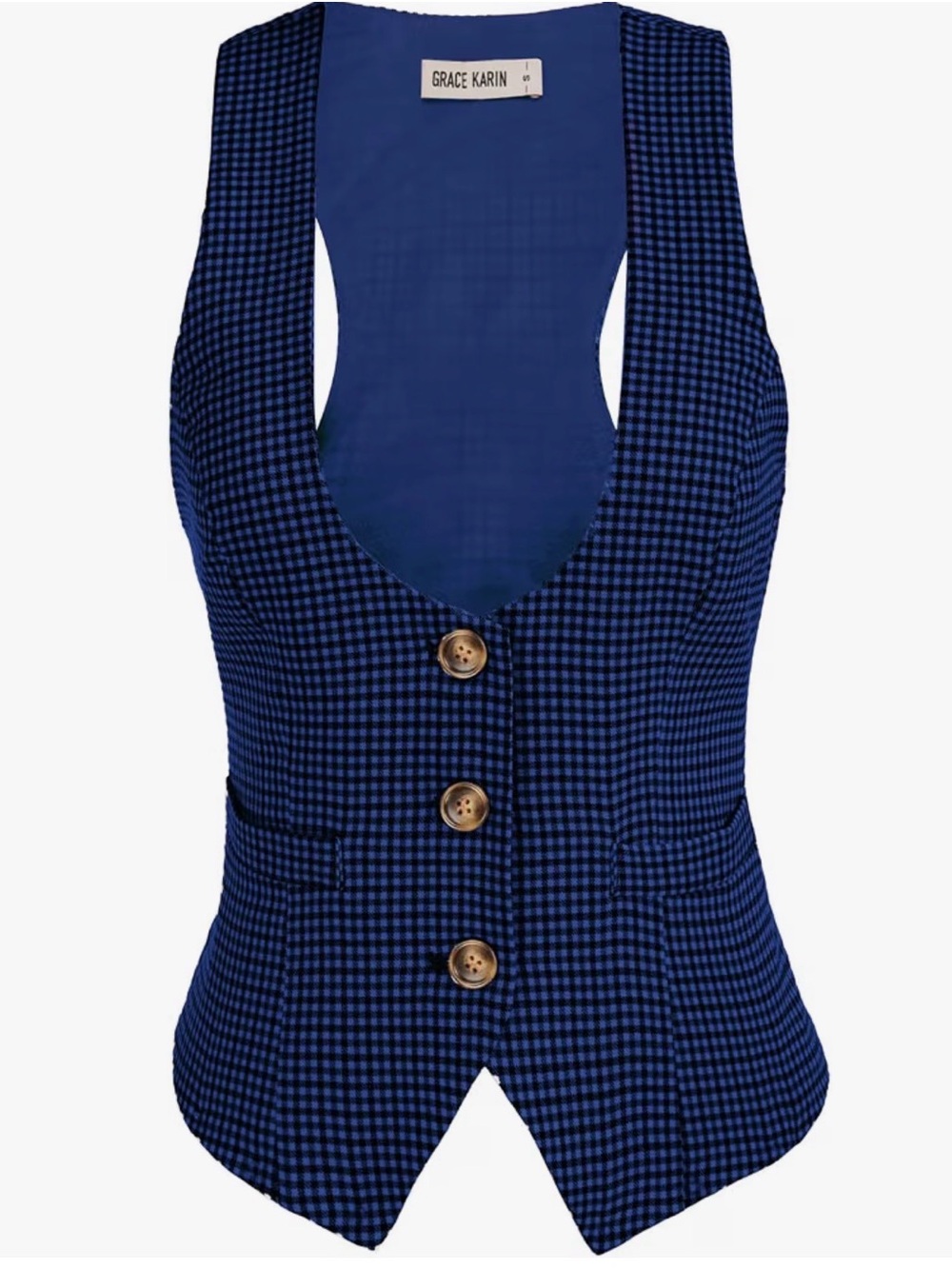 Grace Karin Blue Houndstooth Waistcoat with Wooden Buttons